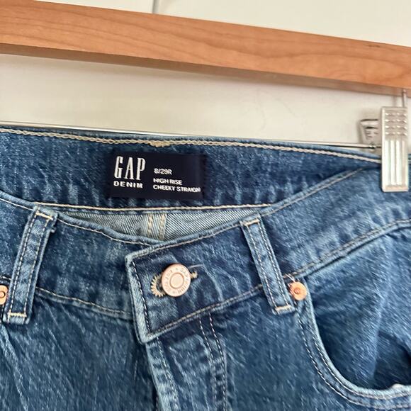 Gap Denim High Rise Cheeky Distressed Button Fly Cuffed Straight Jeans Blue 8 - Picture 6 of 9